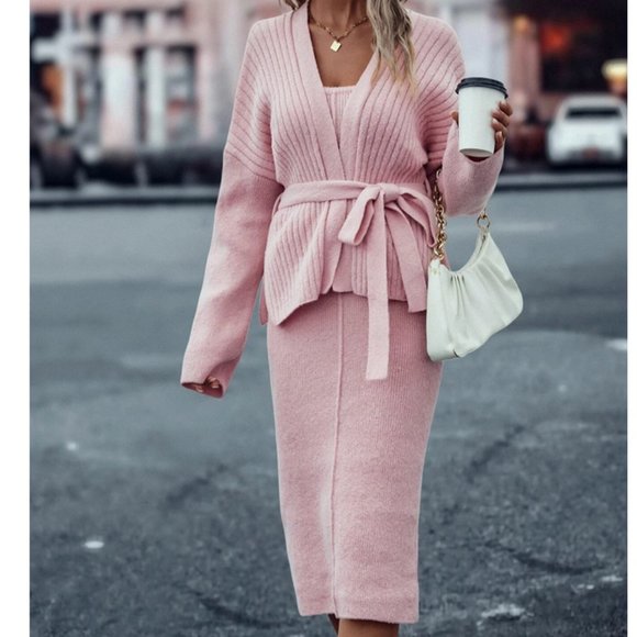 Coord set Pink Belted knit Cardigan & Slit Hem sweater Skirt MUST HAVE!! - Picture 4 of 6